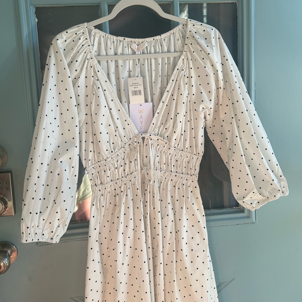 NWT WAYF Veronica Ivory Polka Dot White & Black Bow Tie Cotton Maxi Dress Small - Picture 6 of 14